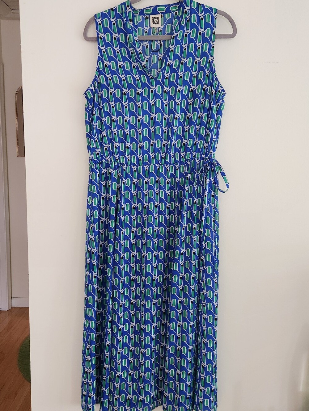Anne Klein Blue & Green Sleeveless Maxi Dress with Tie Waist